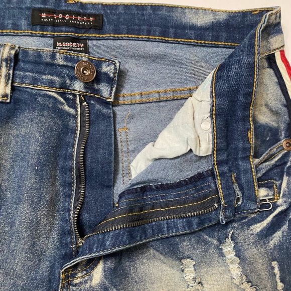 M Society Distressed Blue Tuxedo Side Stripe urban street Jeans Shorts 34 - Picture 5 of 9